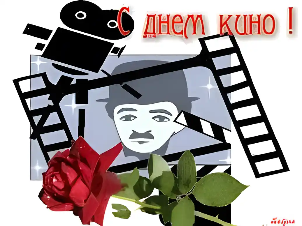Открытка Открытки с днем кино - Открытка с Чарли Чаплином и кинолентой | Красивая открытка #26