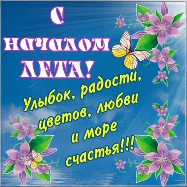 Открытка Первый день лета - Открытка с фиалками и надписью | Красивая открытка #150