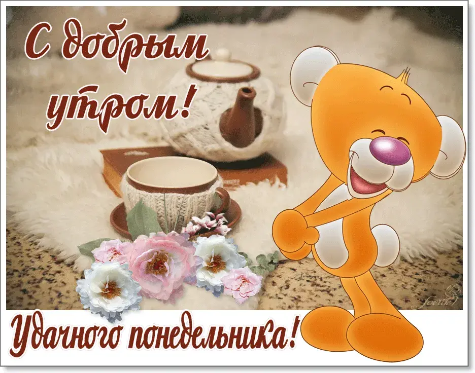 Открытка Открытки на понедельник - Открытка: милый кот, цветы, чашка | Красивая открытка #60