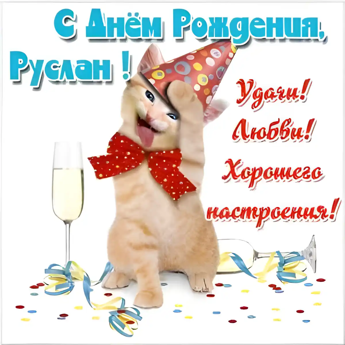 Открытка открытки с именем Руслан - Котенок с шампанским: Открытка с Днем Рождения | Красивая открытка #192