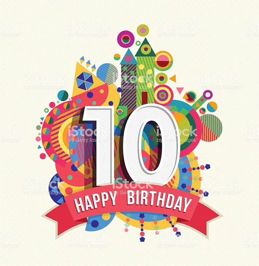Открытка Открытки на 10 лет - Открытка с днем рождения: цифра 10 и яркие элементы | Красивая открытка #97