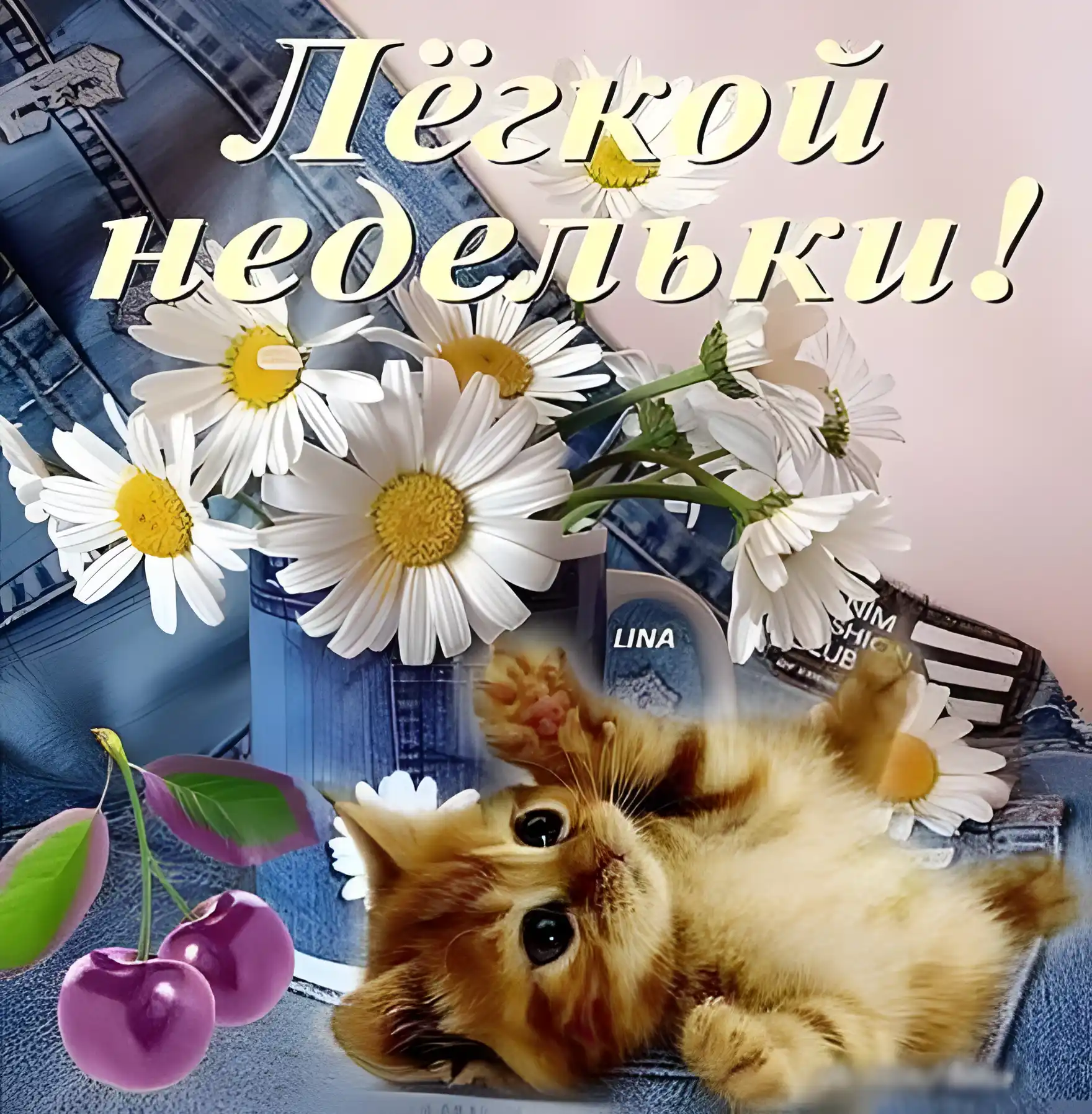 Открытка Хорошей недели - Котенок с ромашками и вишней: открытка с котиком | Красивая открытка #46