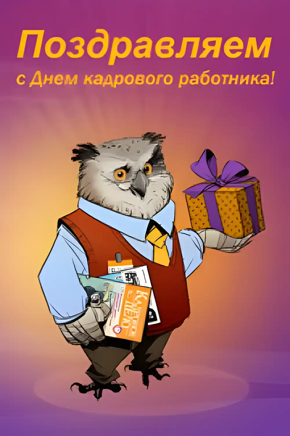 Открытка День кадровика - Открытка с совой в костюме и подарком | Красивая открытка #61