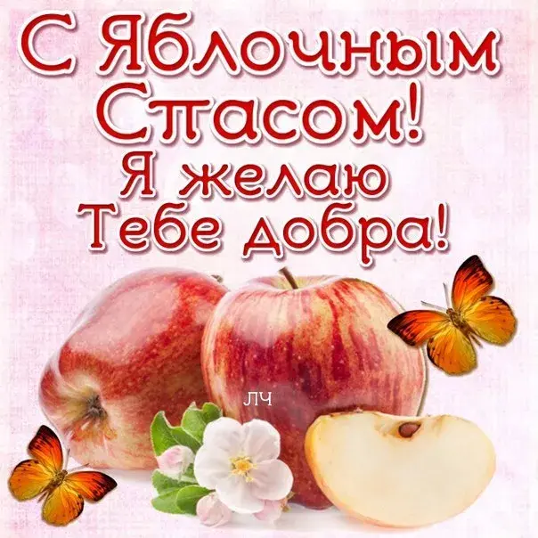 Открытка Яблочный спас - Яблочная открытка с цветами и бабочками | Красивая открытка #287