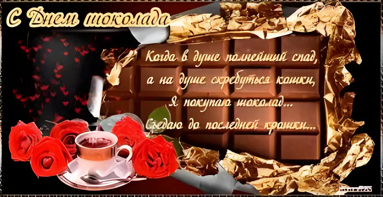 Открытка День шоколада - Открытка: Шоколад, розы, чай. Праздничная открытка | Красивая открытка #88