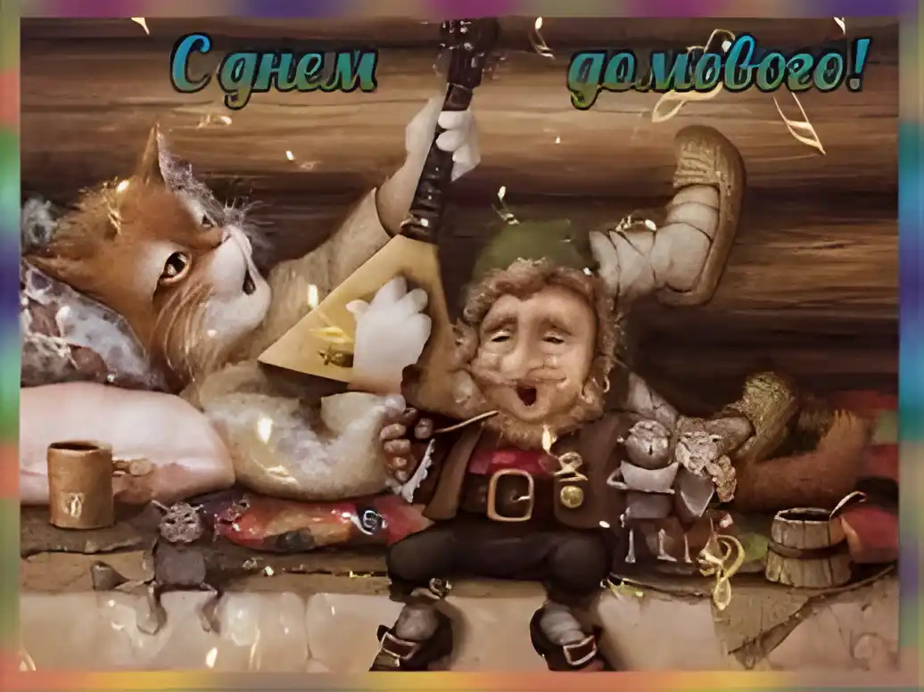 Открытка Открытки с днем домового - Открытка: Гном, кот и мыши  Новогоднее чудо! | Красивая открытка #41