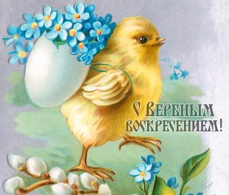 Открытка Вербное Воскресенье - Птенец с цветами: пасхальная открытка с любовью | Красивая открытка #10
