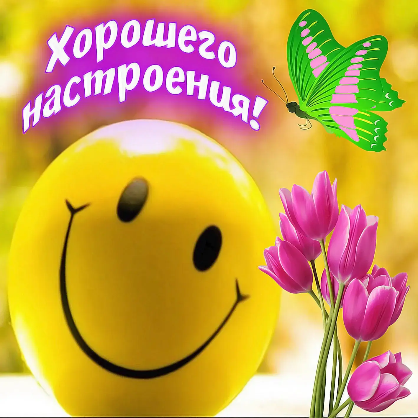 Открытка хорошего настроения - Открытка: Смайлик, тюльпаны, бабочка | Красивая открытка #4