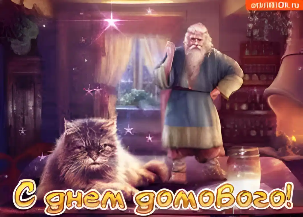 Открытка Открытки с днем домового - С Днём Кота! Открытка с котом и волшебником | Красивая открытка #66