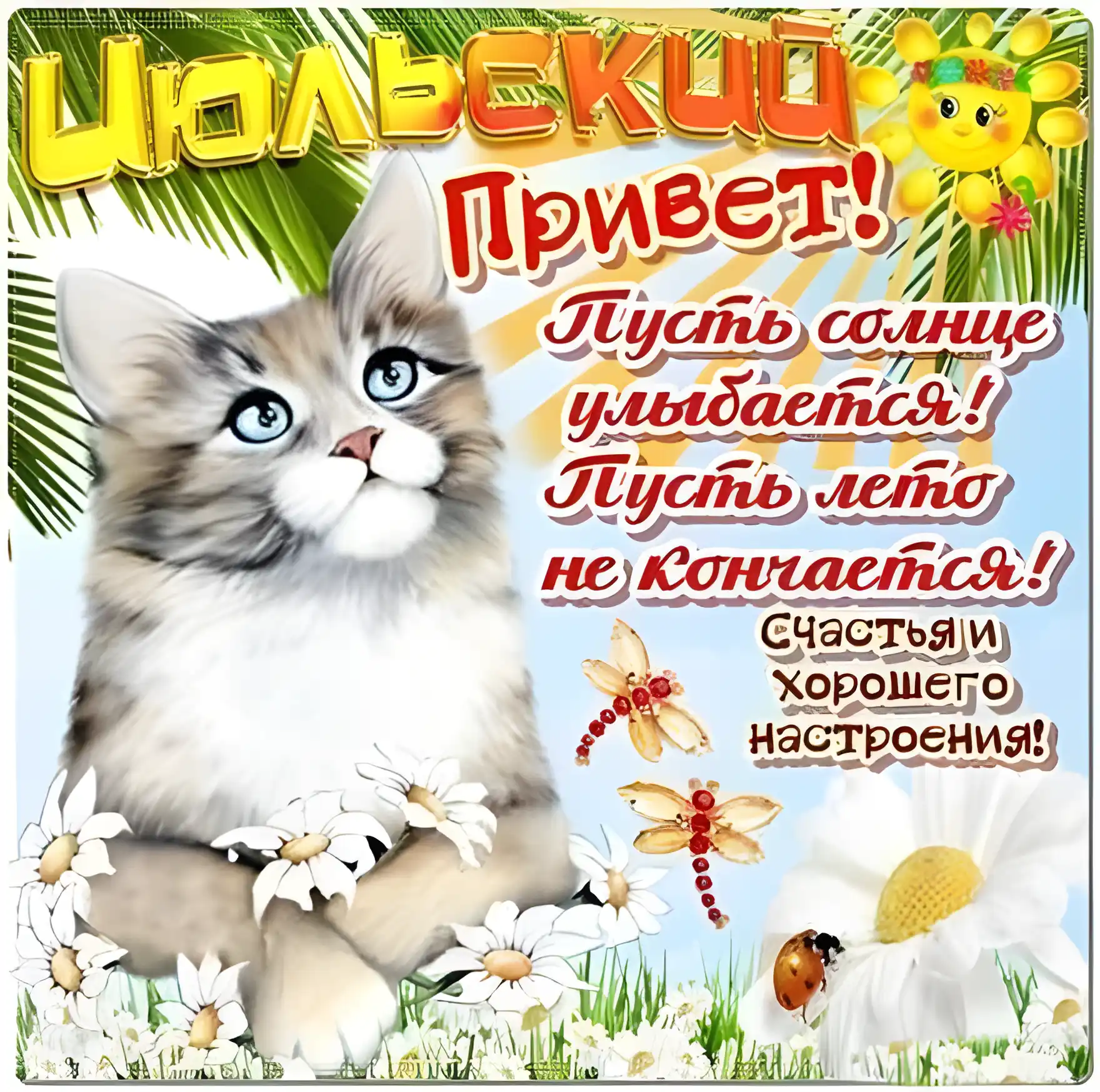 Открытка Июльский - Открытка с котенком и цветами | Красивая открытка #2