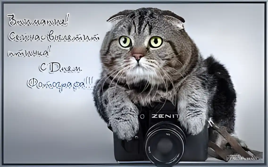 Открытка Открытки с днем фотографа - Забавный кот с фотоаппаратом | Красивая открытка #38
