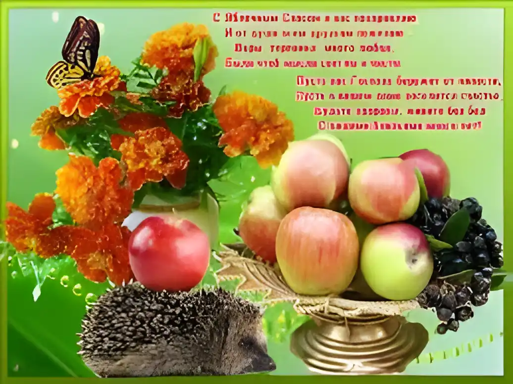 Открытка Открытки с Яблочным Спасом - Яркая открытка: яблоки, виноград, ежик и цветы | Красивая открытка #73