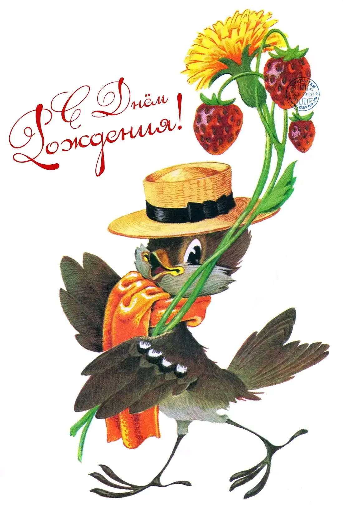 Открытка С одуванчиками - Птица в шляпе и ягодах: винтажная открытка | Красивая открытка #73