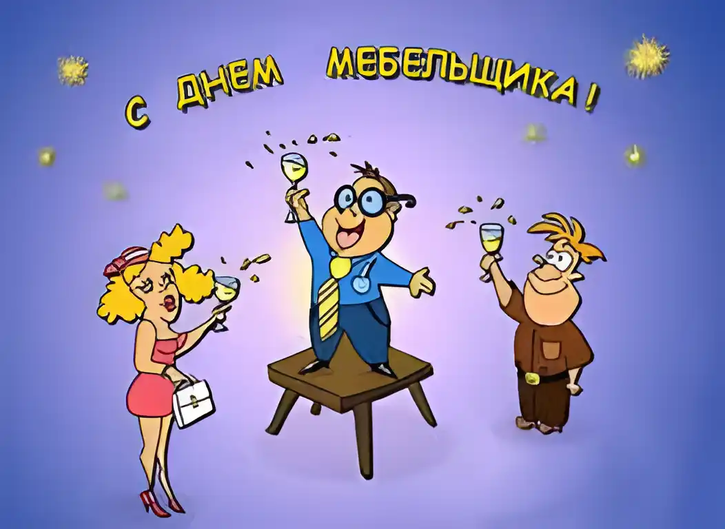 Открытка День мебельщика - Мужчина на табуретке, девушка и мужчина с бокалами | Красивая открытка #45