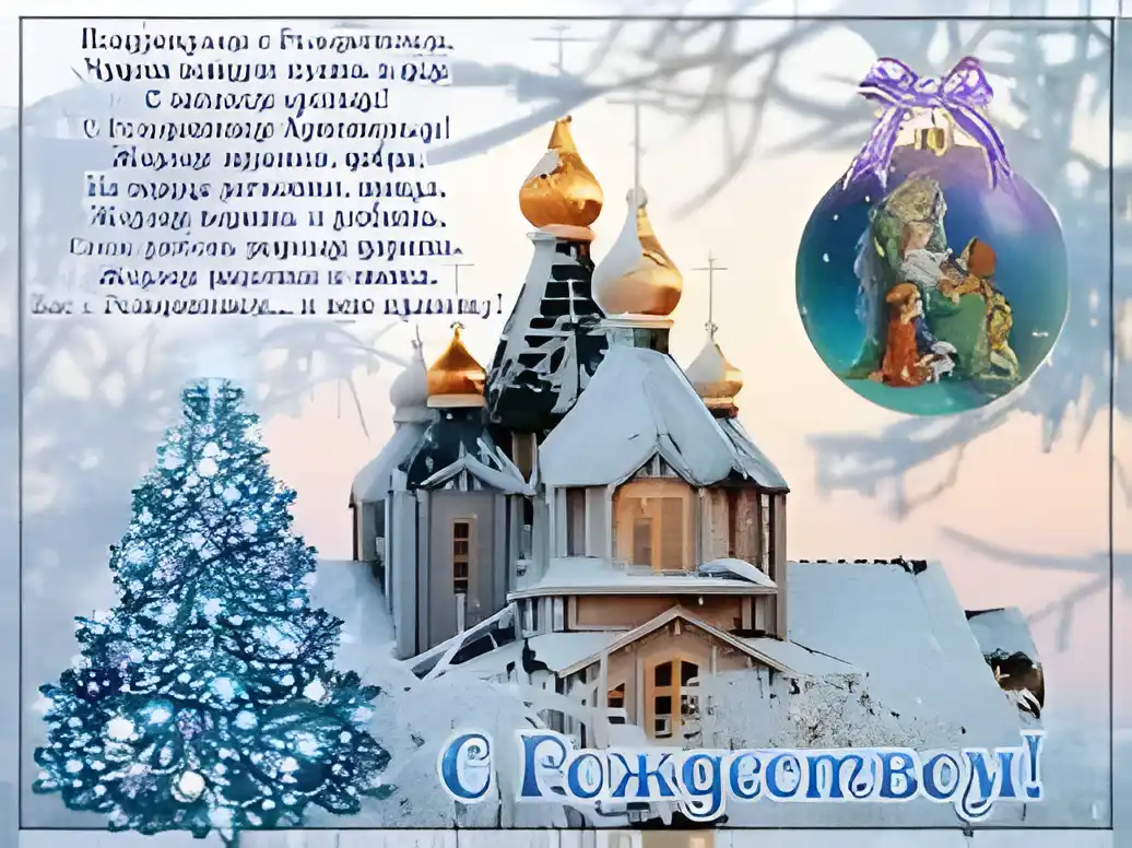 Открытка Рождество Христово - С Рождеством! Зимняя открытка с церковью и елкой | Красивая открытка #92