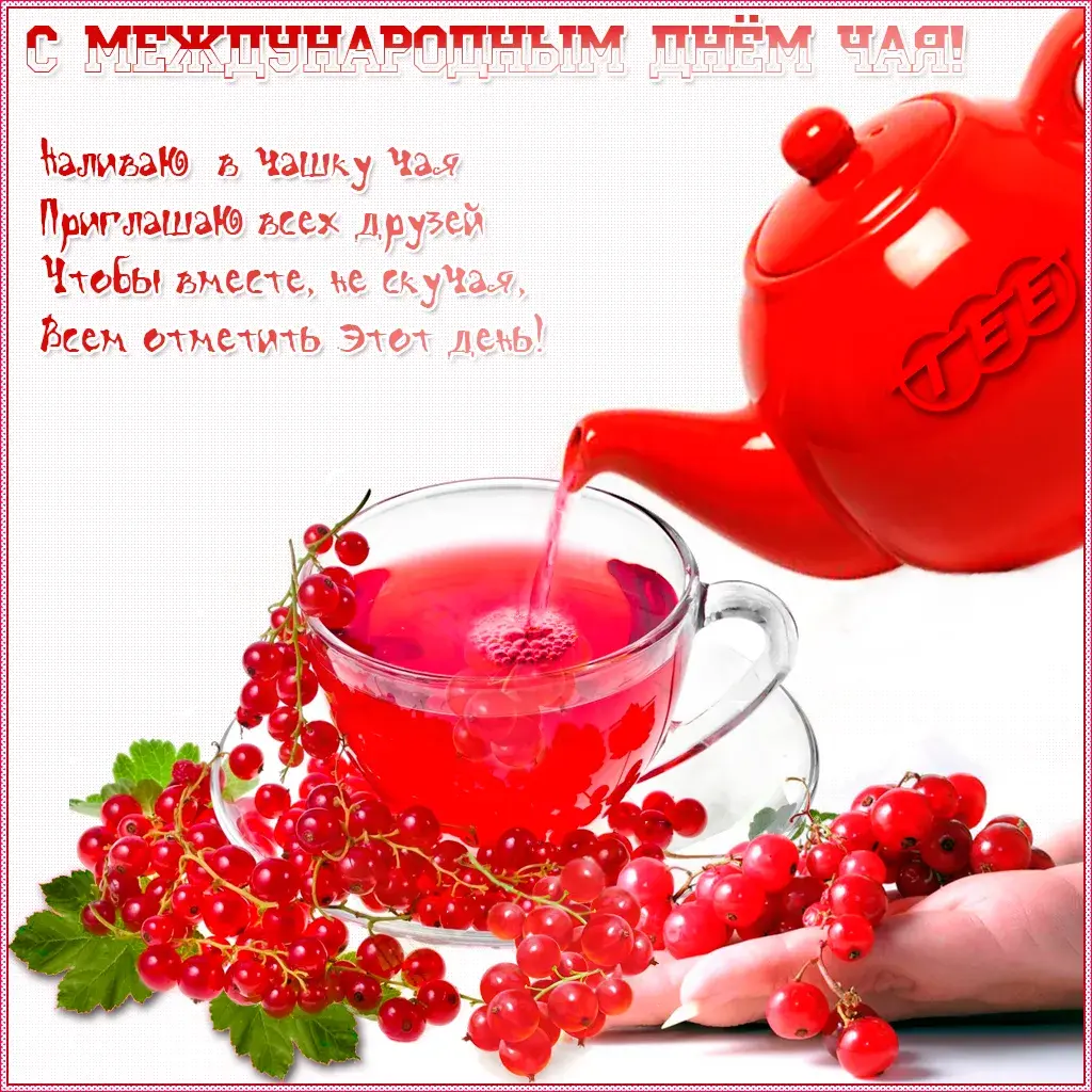 Открытка День чая - Чай в чашке: открытка с красной смородиной | Красивая открытка #50