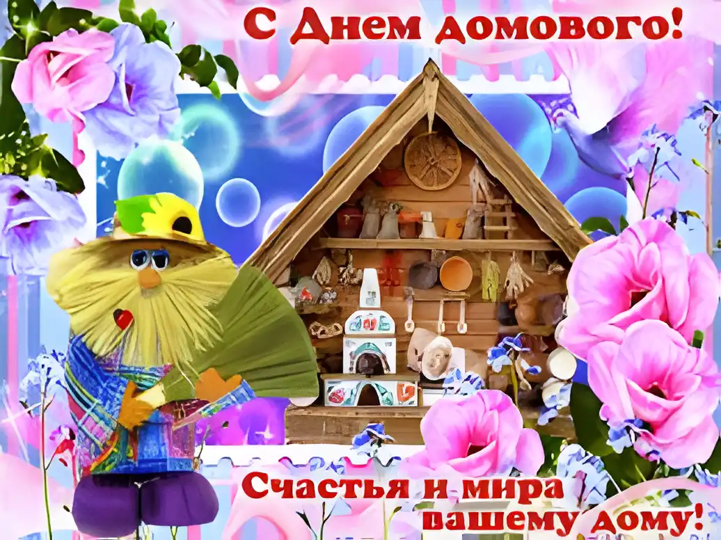 Открытка Открытки с днем домового - Открытка с домом и забавным домовым | Красивая открытка #75