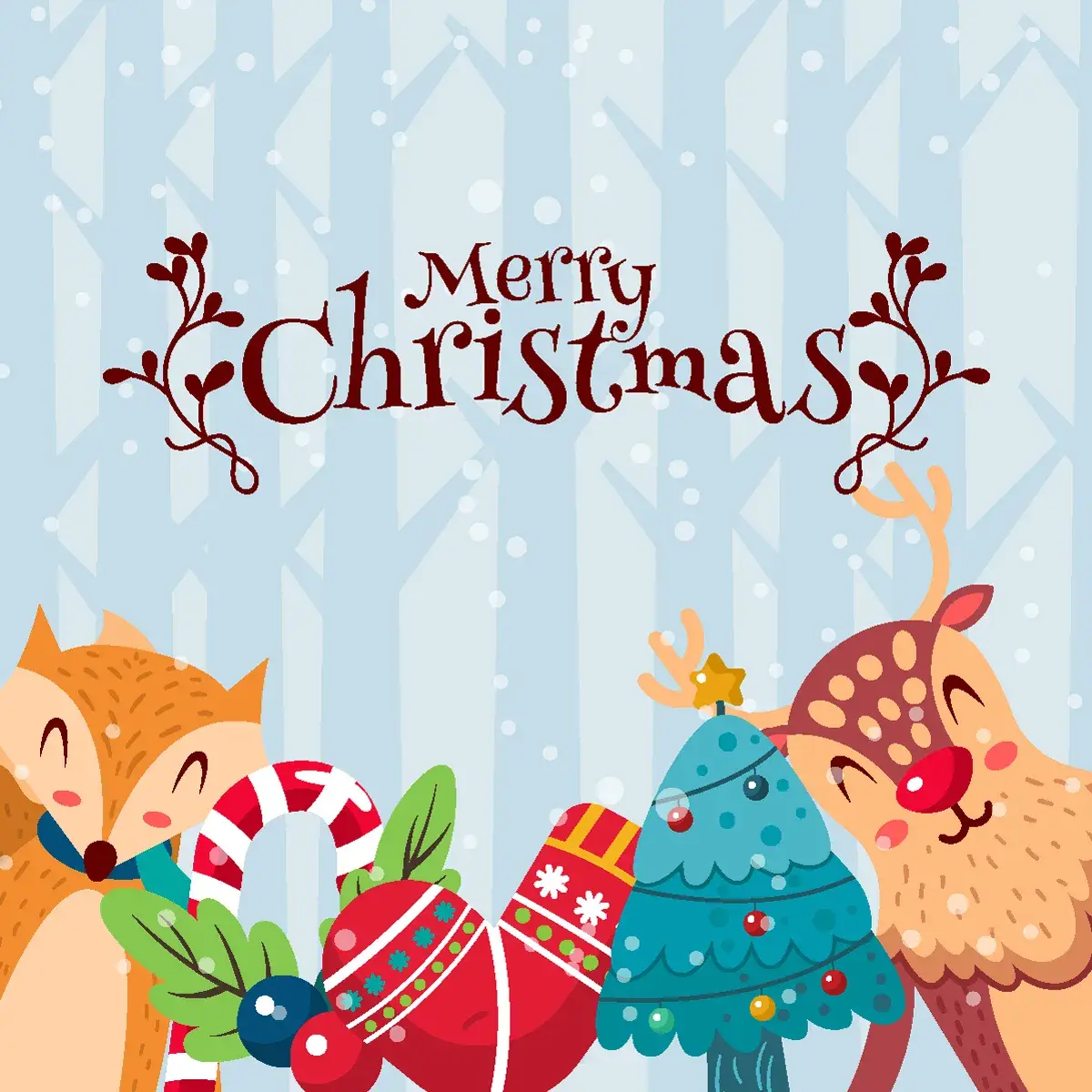 Открытка Merry Christmas - Новогодние открытки: лиса, олень и елка | Красивая открытка #30