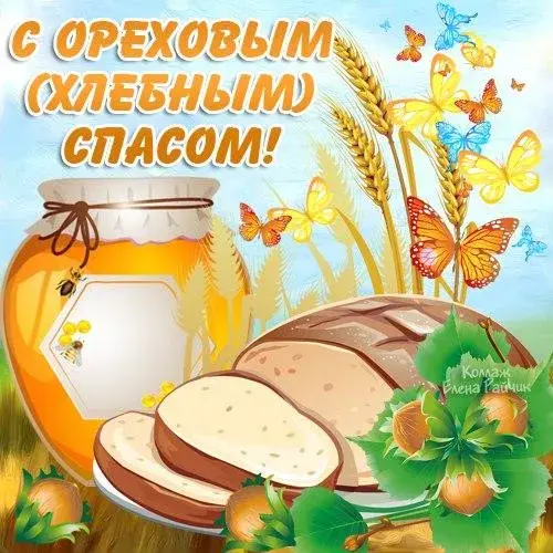 Открытка Ореховый спас - Открытка с хлебом, медом, орехами и цветами | Красивая открытка #59