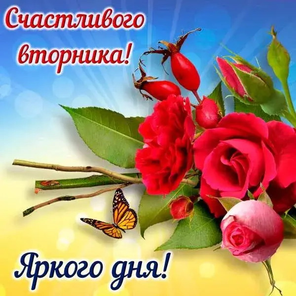 Открытка Открытки на вторник - Открытка с розами и бабочками | Красивая открытка #165