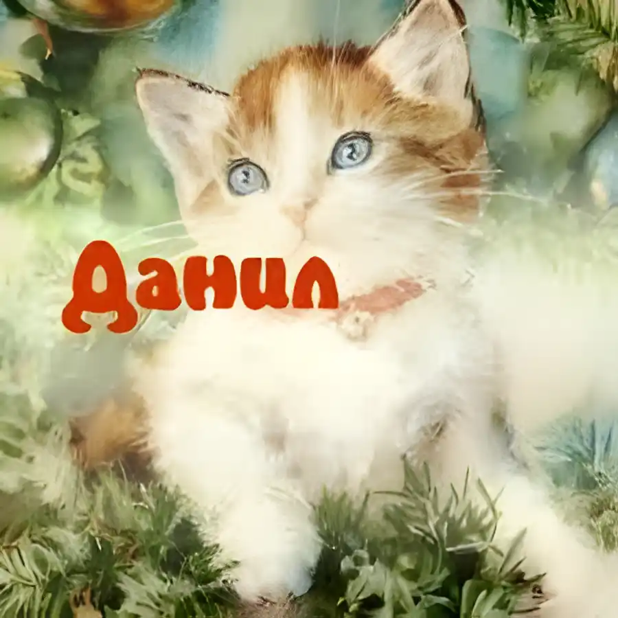 Открытка Открытки с именем Даниил/Данил - Открытка с рыжим котенком на елке | Красивая открытка #201