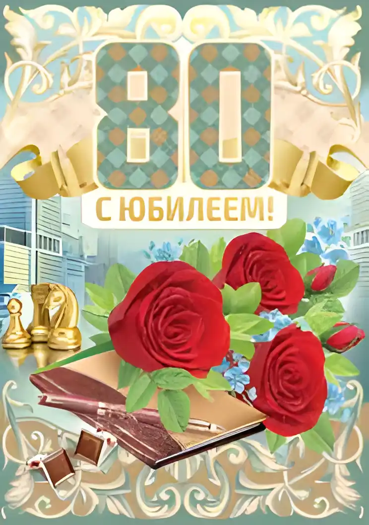 Открытка Открытки на 80 лет - Поздравительная открытка: красные розы, шахматы, книга | Красивая открытка #56